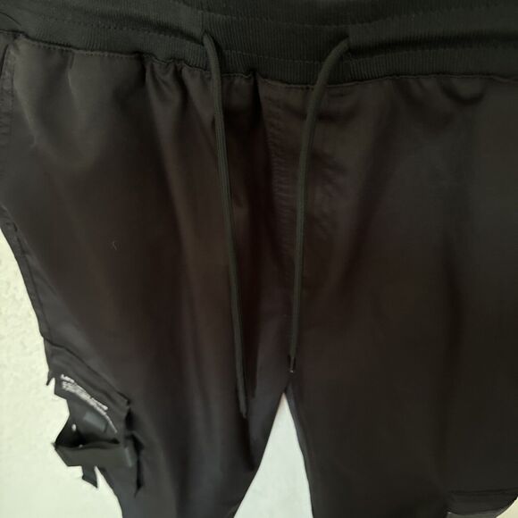 Black Jogger Pants Size M Flight Woven Elastic And Tie Waist Pockets Oversized - Picture 11 of 15